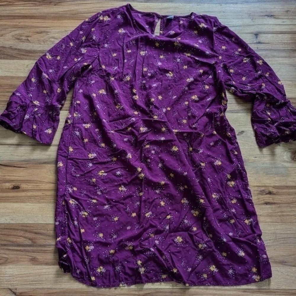 Old Navy Womens Purple Floral Ruffle Sleeve Shift Dress Large Plum Boho Tunic - Picture 2 of 9